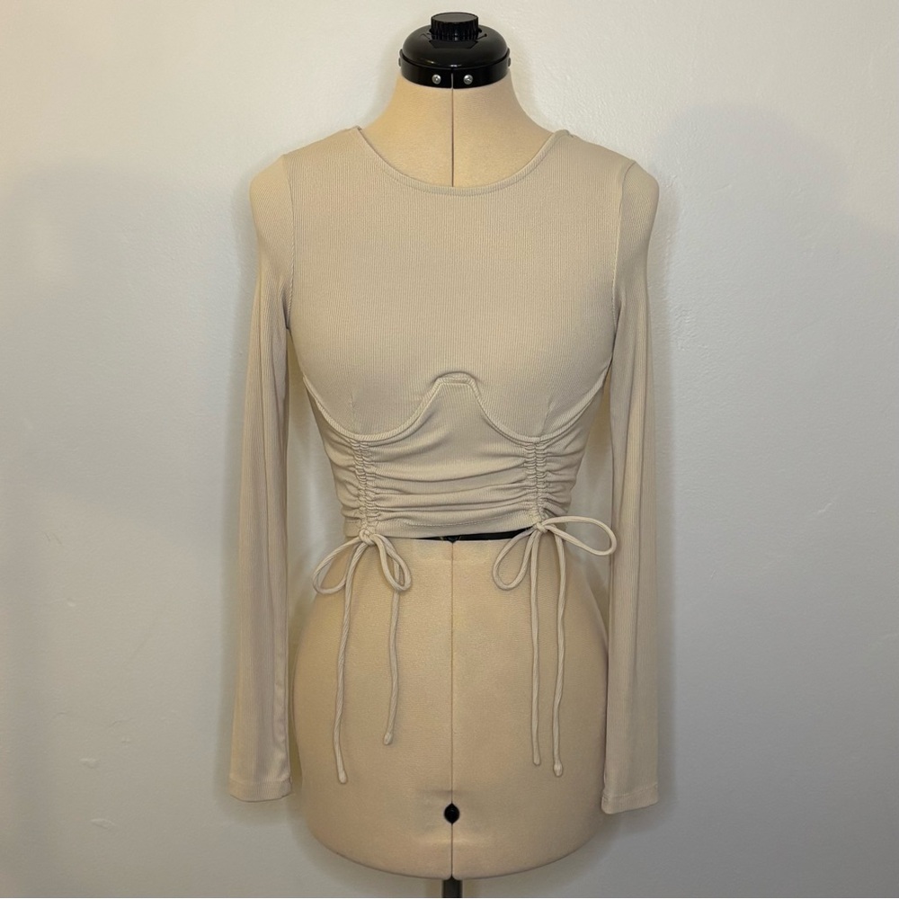 Princess Polly beige corset-style long sleeve crop top with cinch tie details, 6